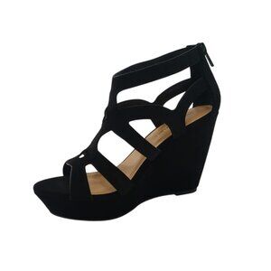 Black Strappy Open-Toe Wedge Sandals With Back Zipper Closure For Women, Size 8.